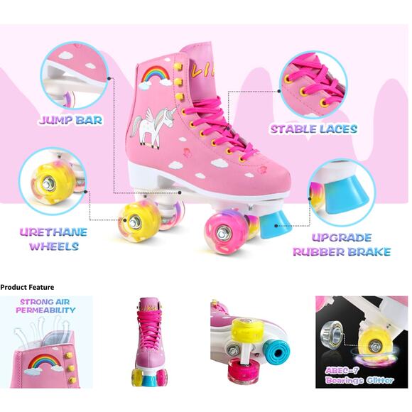 LIKU PINK Unicorn Quad Roller Skates Light Up Wheels SZ Kids US 1-2 - Picture 9 of 13